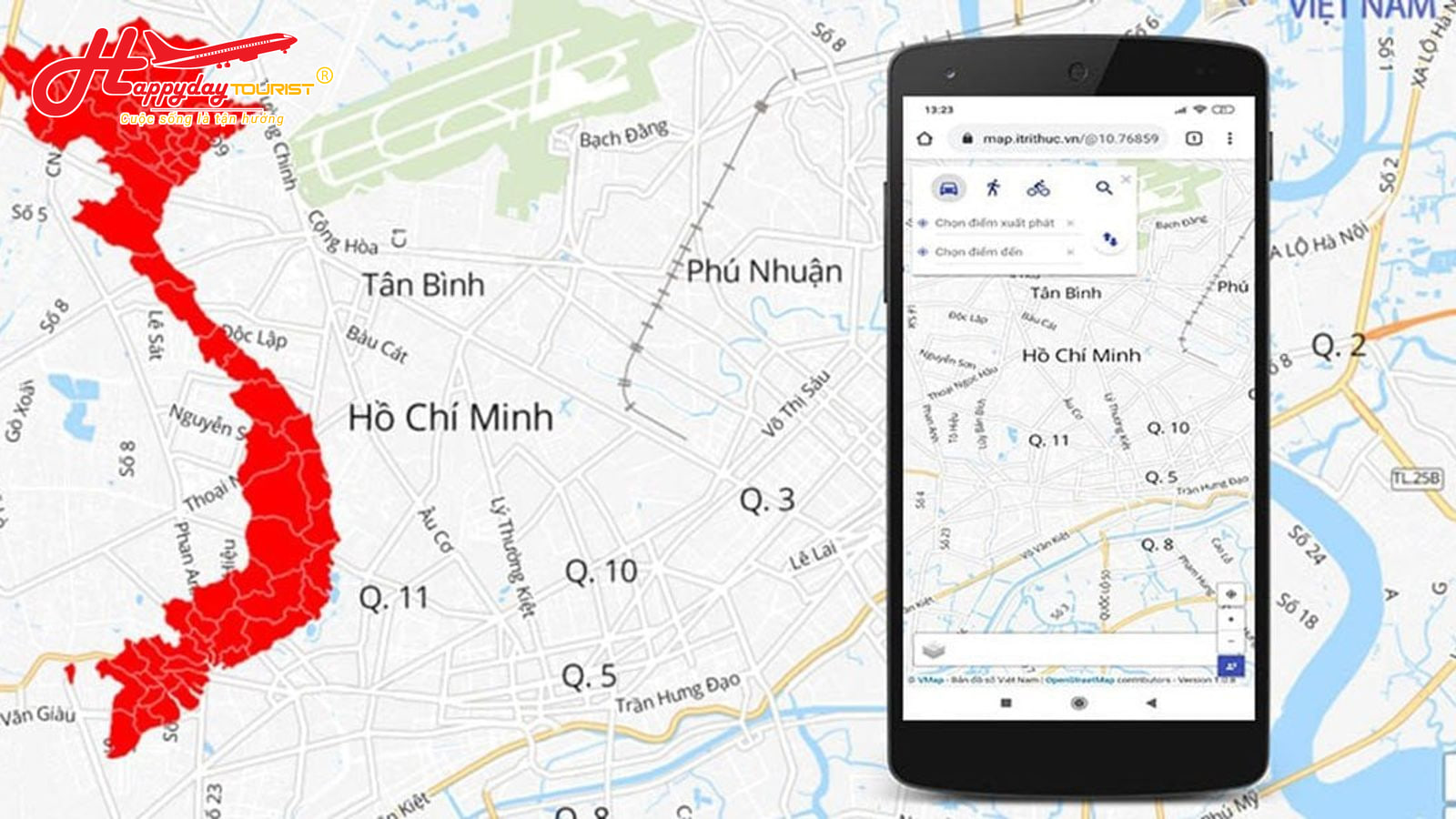 Giao diện màn hình điện thoại hiển thị bản đồ số tra cứu đường đi