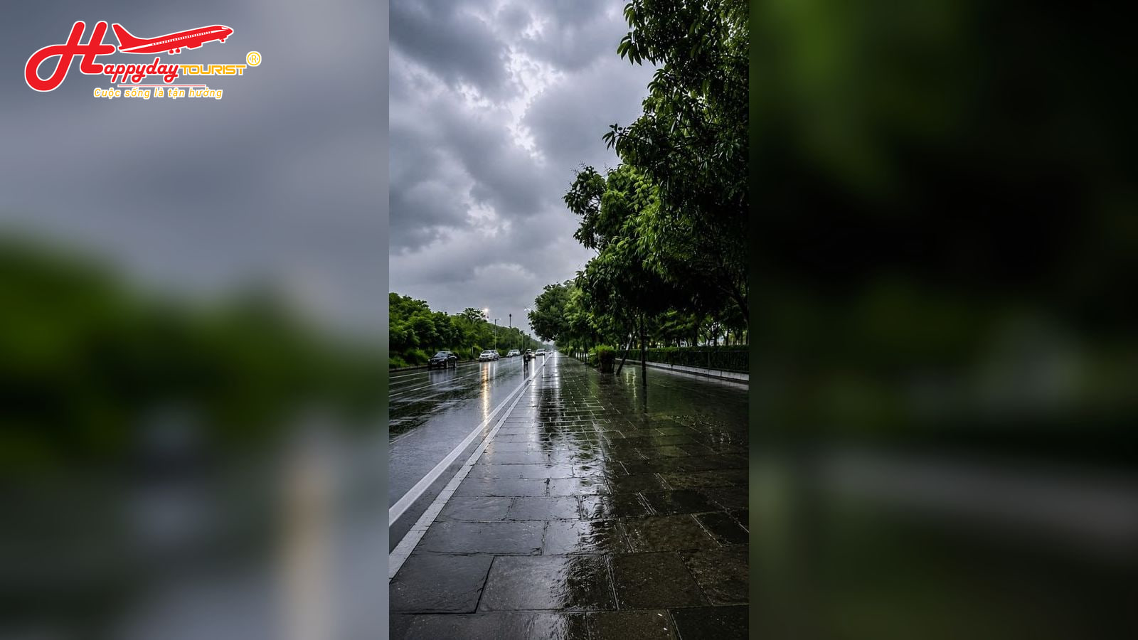 Lối đi lát đá ven đường trong ngày mưa ẩm ướt với bầu trời mây xám và cây xanh